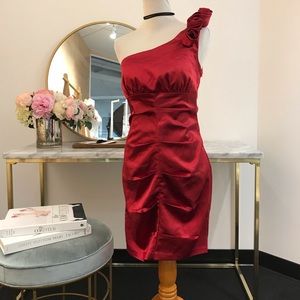 Red one shoulder rose dress